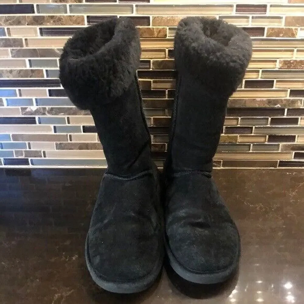 Bearpaw‎ Emma Tall Black Suede Sheepskin Fur Lined Winter Boots Womens Size 7